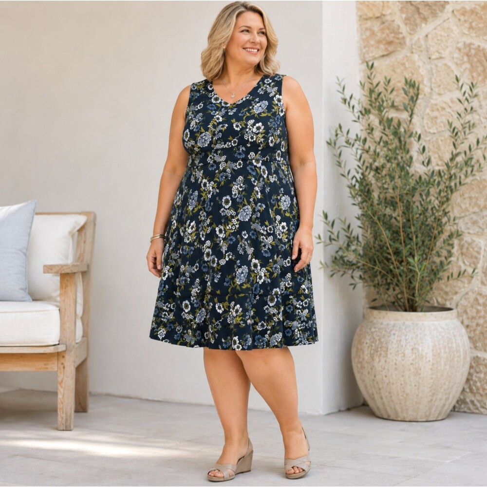 J Jill Wearever Floral A-Line Dress 2X Navy Stretch Knit Sleeveless Knee Midi